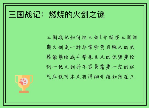 三国战记：燃烧的火剑之谜